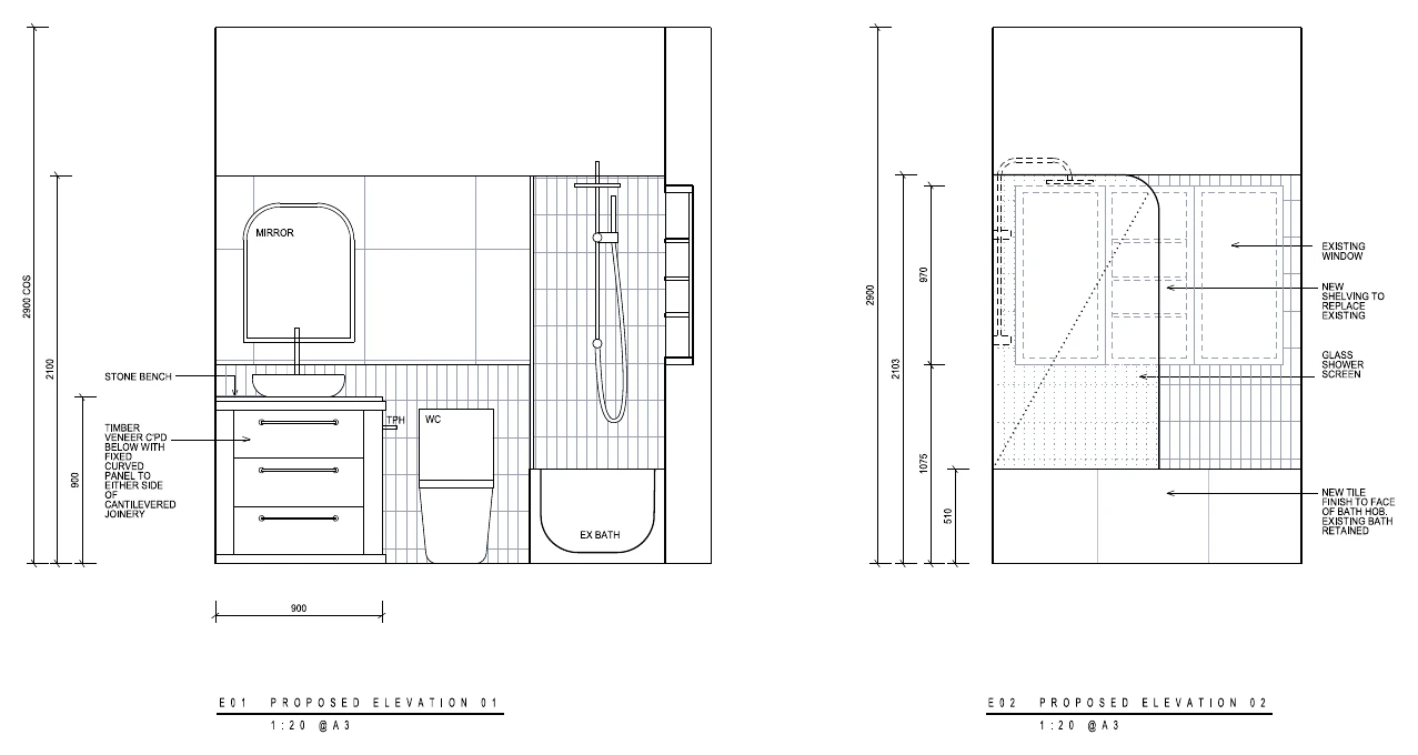 Proposed main bathroom elevations