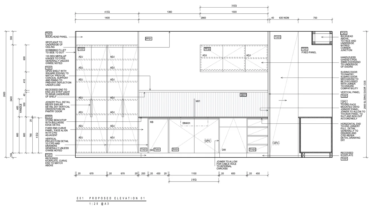 Proposed sink wall elevation with joinery notes