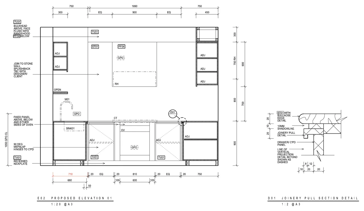Eastwood kitchen elevation with joinery notes