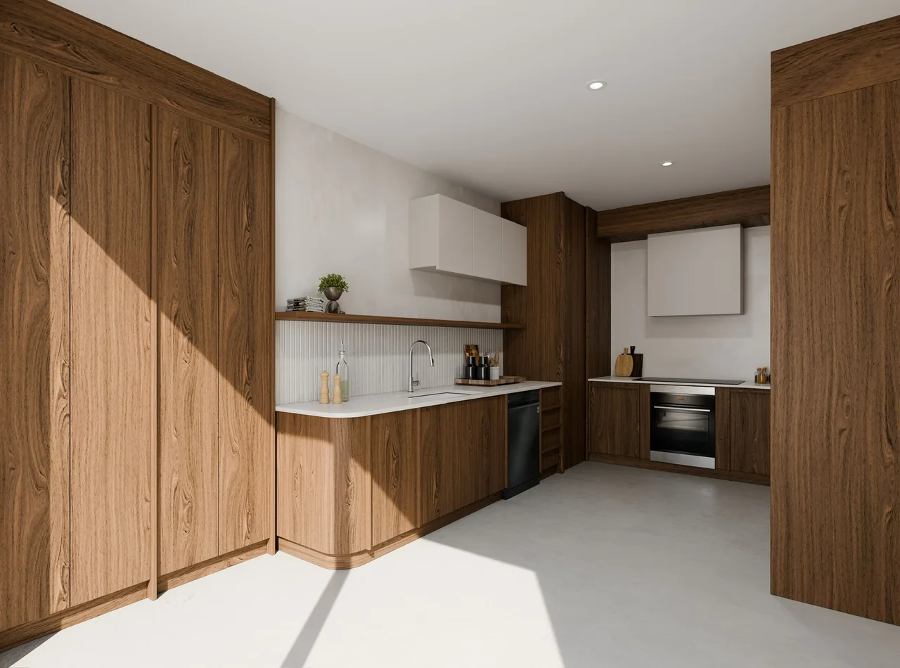 3D render of the kitchen design with oak joinery, white overhead cabinets and a ribbed tile splashback